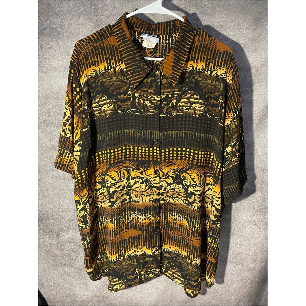 Cabrais Collection Vintage Women 22W Blouse Brown Gold Tribal Abstract Shirt